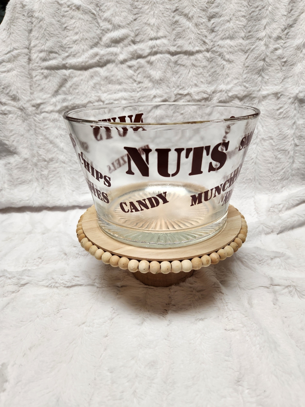 Vintage Clear Glass Snack Bowl with Brown Lettering